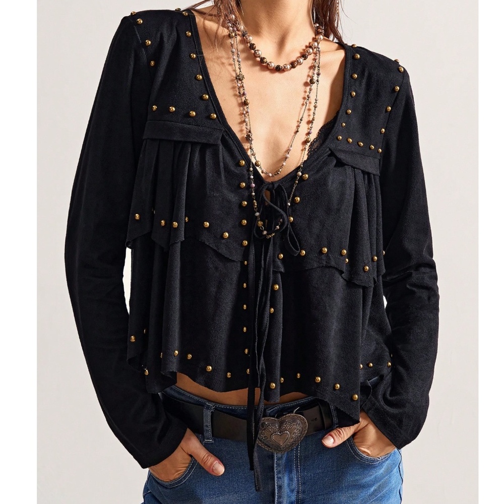 NWT Black Long Sleeve Light Weight Studded Top/Jacket w/tie closure- size L